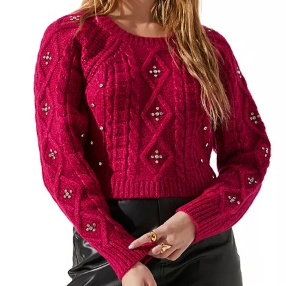 NWT ASTR Women's Madison Rhinestone Embellished Cable-Knit Sweater Small $128